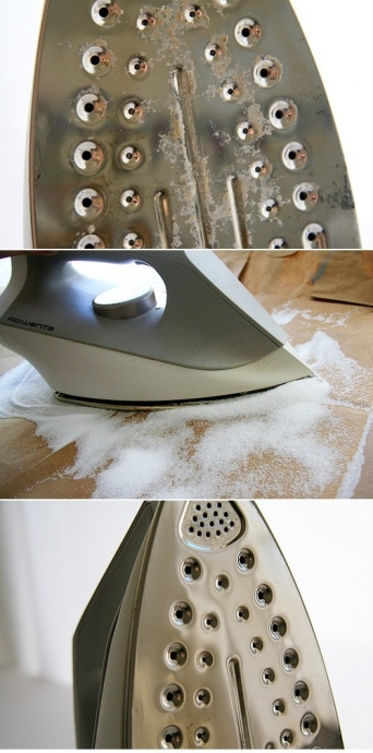 Используйте соль для очистки утюга, ваш утюг будет как новый. 