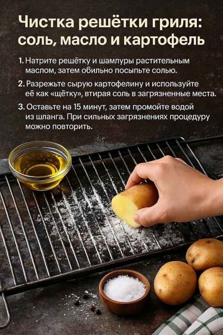 Чистка решётки гриля: соль, масло и картофель Чистка решётки гриля: соль, масло и картофель
