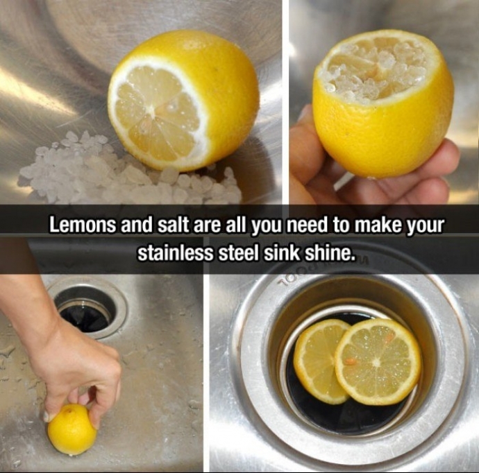 Лимон и соль помогут Вам  очистить раковину из нержавеющей стали до блеска
