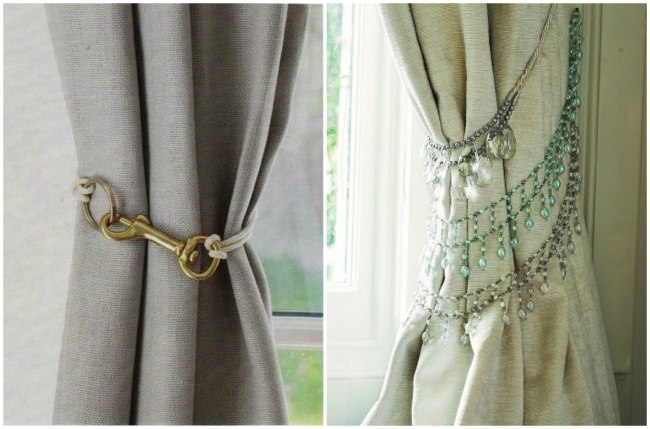 Старые ожерелья или карабин можно использовать в качестве фиксатора штор.